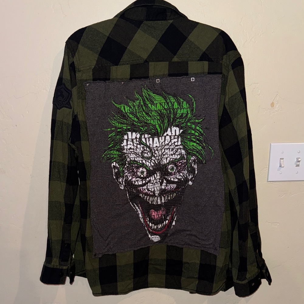 Repurposed Flannel- Green and Black Plaid with Joker Graphic Patch